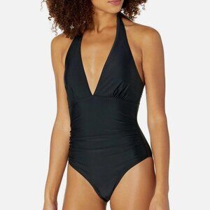 Tommy Hilfiger Women's Classic V-Neck One Piece Swimsuit, Black Ruched, Size 4